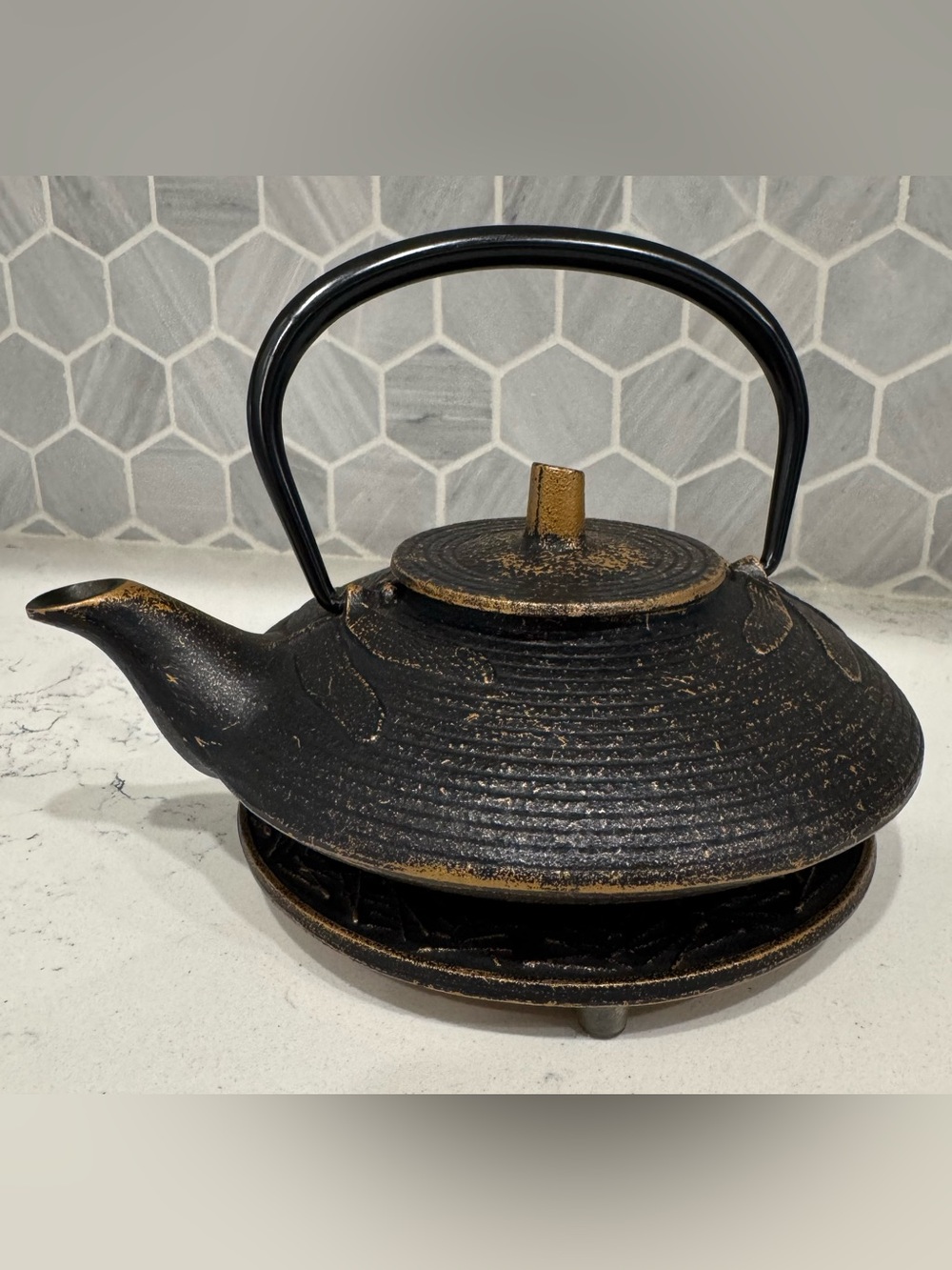 Teavana Japanese Cast Iron Dragonfly Teapot Black & Gold w/ Trivet & Lid 3-Piece